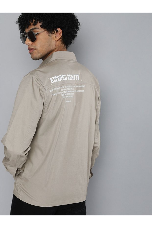 Men Beige Slogan Print Casual Shirt