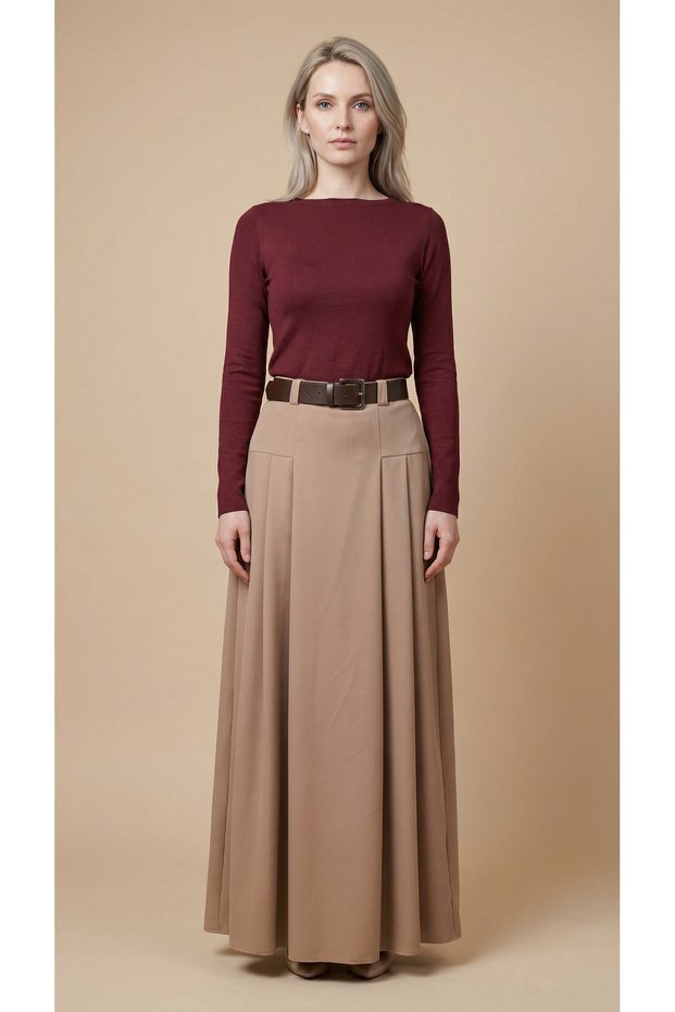 Jabor Women's Belt Detailed Semi-Corsage Pleated Long Skirt & Hijab Skirt - Beige