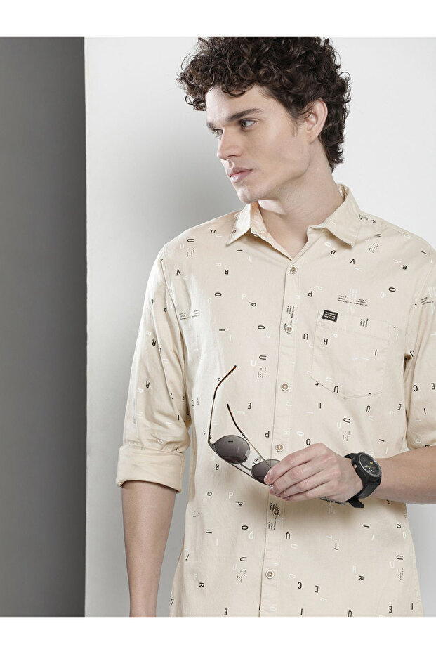Men Cream Printed Regular Fit Shirt