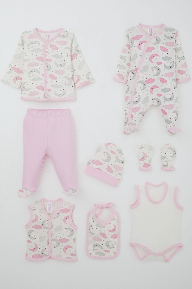Baby Girl Hospital Release 8-Piece Sky-Themed Sleepy Moon Patterned 0-3 Months, Ecru