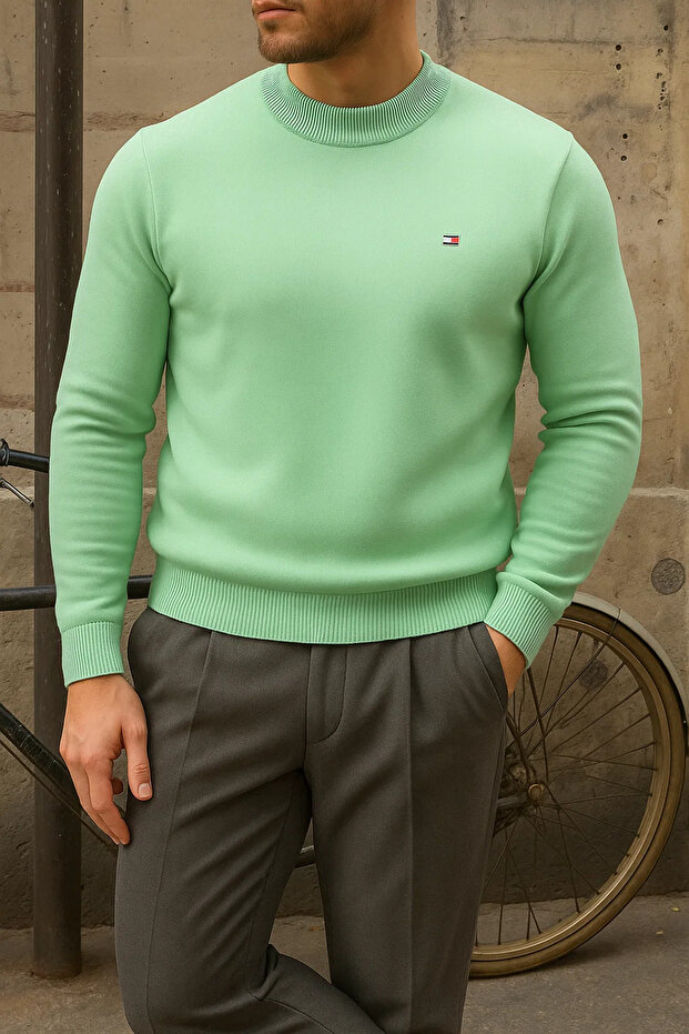 Erkek Kışlık Yarım Boğazlı Dar Basic Mint Kazak - 1