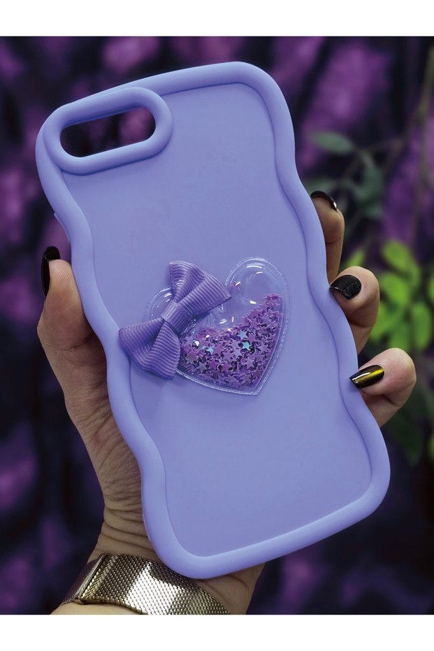 iPhone 7 Plus / 8 Plus Compatible Star Glitter Lilac Phone Case with Heart and Ribbon