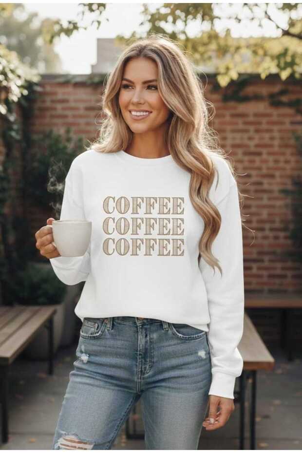 Women's Oversized Coffee Printed White Sweatshirt-Coffee Lovers Hoodie