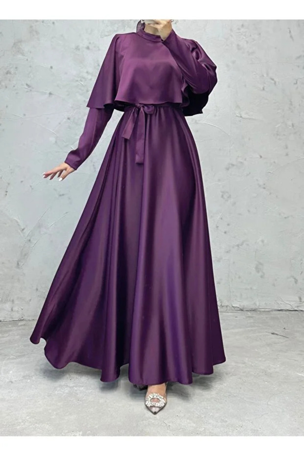 Satin Evening Dress with Cape Detail and Belt