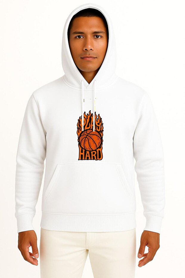 Hooded Play Hard Basketball Chest Printed Unisex Sweatshirt