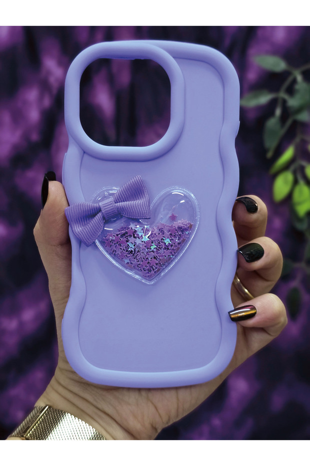 iPhone 16 Pro Compatible Star Glitter Lilac Phone Case with Heart and Ribbon