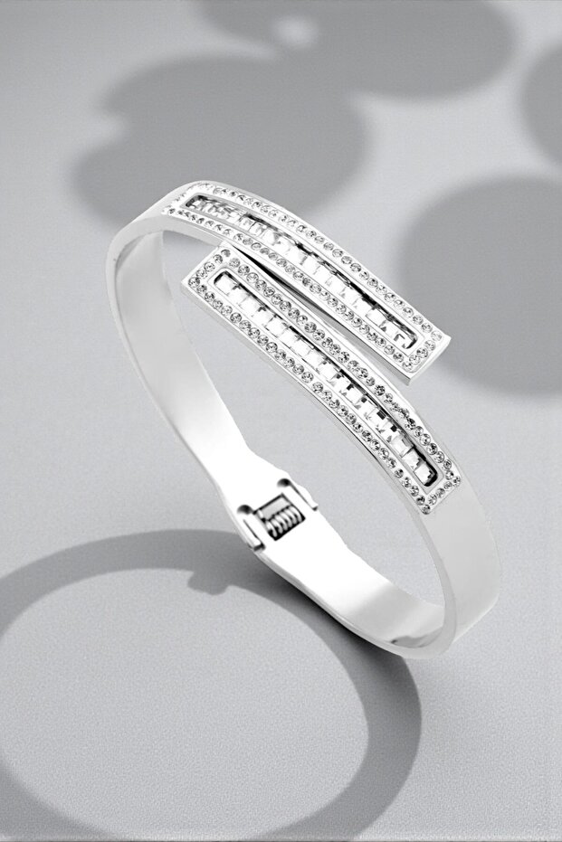 Stainless Steel Silver Color Baguette Stone Italian Design Modern Handcuff Bracelet