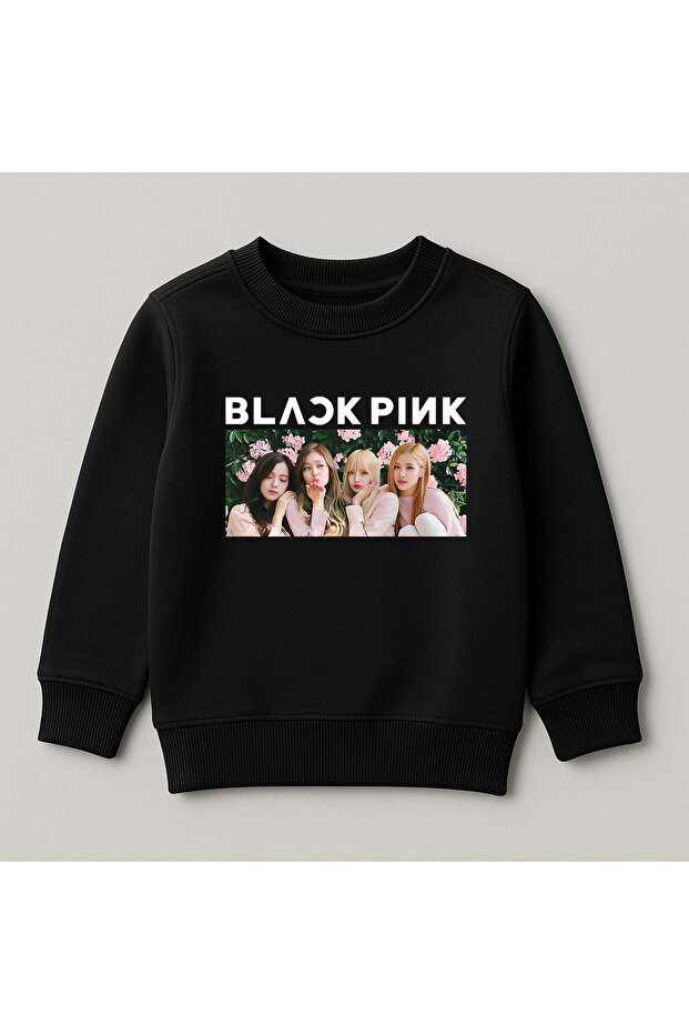 Black Pink Printed Crew Neck 100% Cotton Kids Sweatshirt