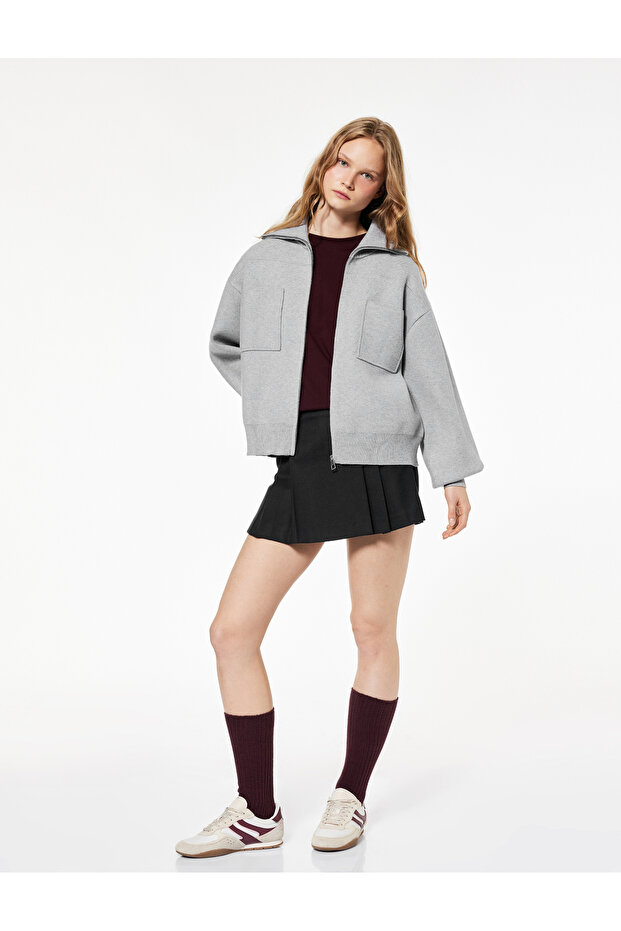 Relaxed Fit Long Sleeve Pocket Detail Viscose Blend Zip Cardigan