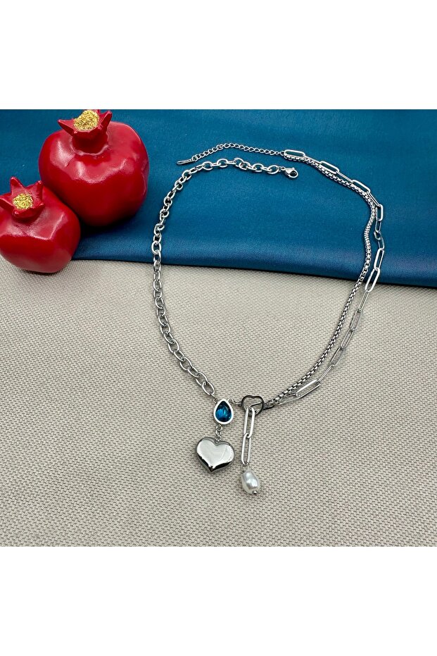 Steel Blue Stone Heart Pearl Beaded Silver Necklace