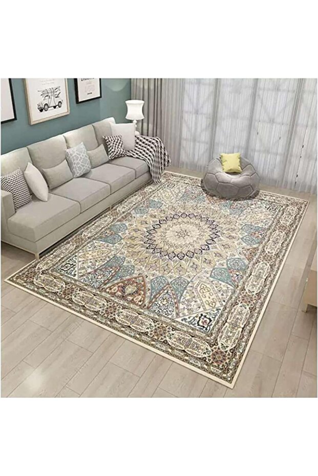 FFD Washable Vintage Area Rug 200x300cm - Non-Slip Low Pile (Beige)