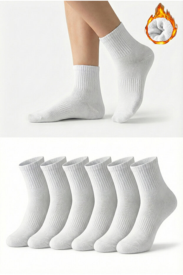 Women's White 6-Piece Thermal Cotton Towel Bottom Short Socks Premium Boxed Socks