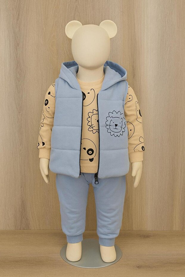 Baby Boy Lion Printed Inflatable Vest Set Tracksuit 2 Thread 3-Piece Set