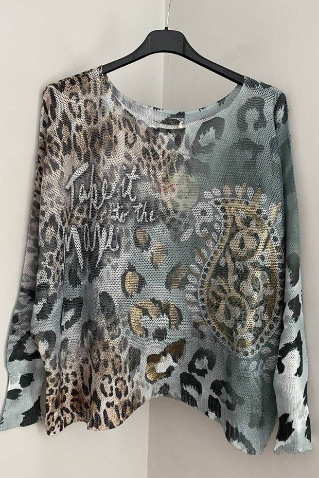 Women's Italian Khaki Shawl with Leopard Print Text Pattern Batwing Sleeve Mercerized Blouse Sweater