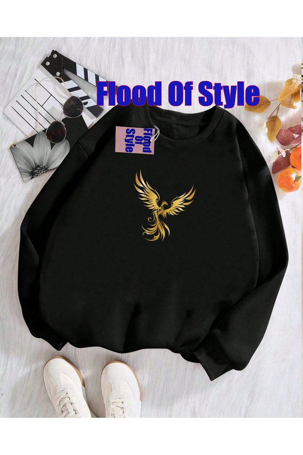 Black Blackbird Minimalist Printed Crew Neck Sweatshirt