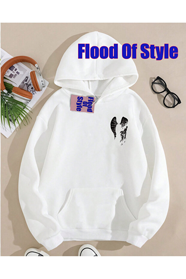 White Broken Wing Minimalist Printed Biscuit Collar Sweatshirt