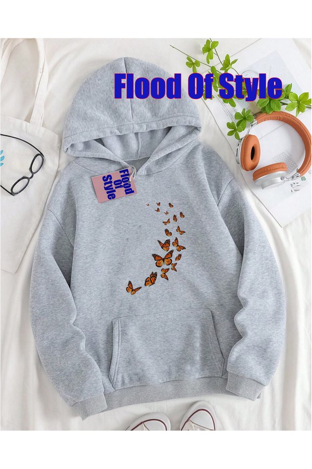 Gray Butterfly Minimalist Printed Crew Neck Sweatshirt