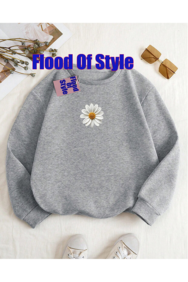Gray Papatya Minimalist Printed Biskilet Collar Sweatshirt