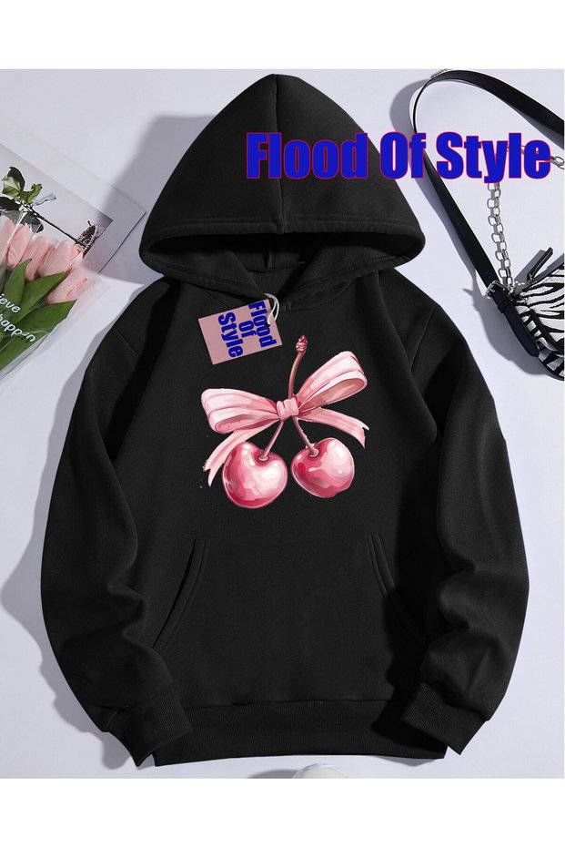 Black Cherry Minimalist Printed Biskilet Collar Sweatshirt