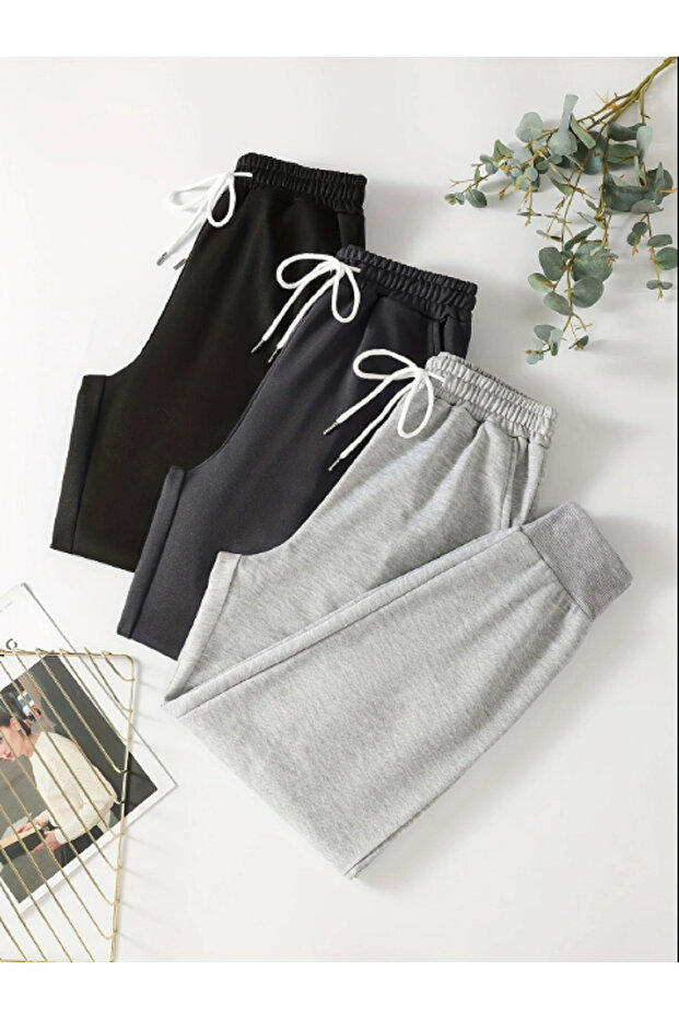 3-Piece Unisex Regular Black Gray Navy Ribbed Hem Sweatpants