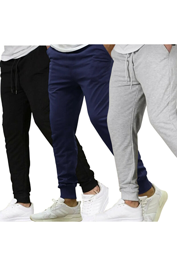 3-Piece Unisex Regular Black Gray Navy Ribbed Hem Sweatpants