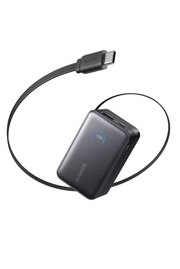 Nano Power Bank (10,000mAh, 45W) with 2.3 ft Retractable USB-C Cable and Smart Display