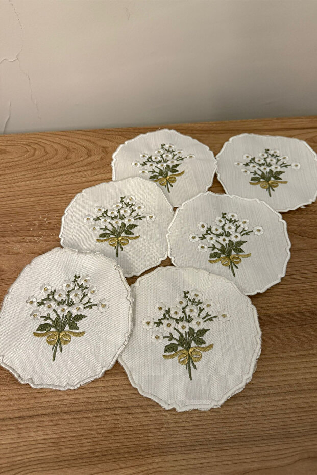 6 Pieces of Linen Fabric with Embroidered Coffee Side Presentation Plate Cocktail Napkins & Coasters