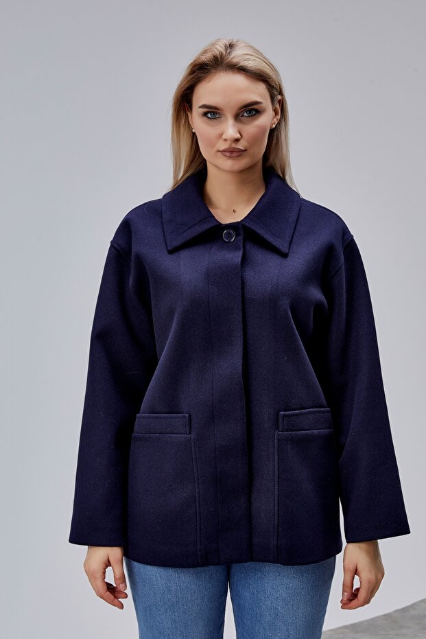 Camille Navy Blue Oversized Pocket Detailed Lined Cashmere Jacket