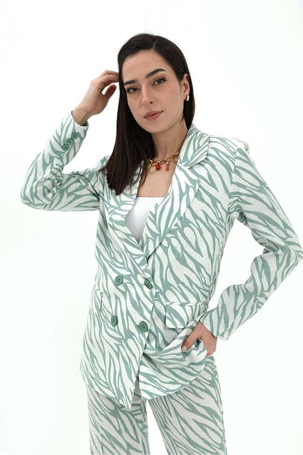 Women's Mint Green Zebra Patterned, Lined Double-Breasted Collar, Shoulder Pad Piece Oversized Linen Blazer Jacket Is Hijab