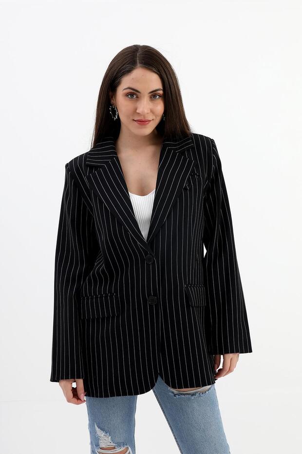 Women's Black Striped Shoulder Pad Pocket Detailed Lined Classic Blazer Jacket Buttoned Long Jacket Hijab