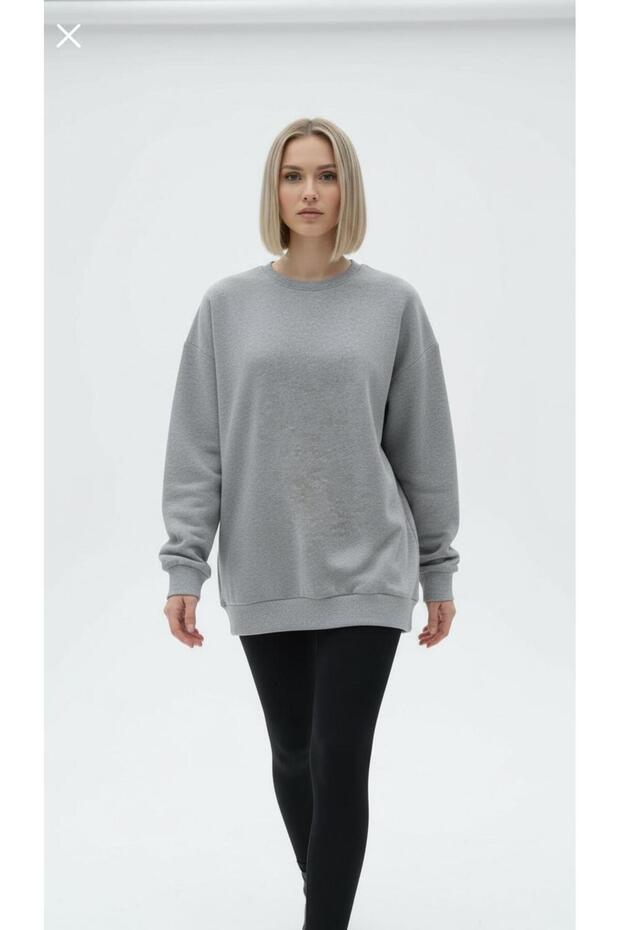 Oversized Wide Fit Crew Neck Plain Basic Sweatshirt Gray