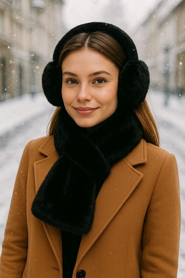 Black Soft Textured Plush Crown Headphones and Neck Scarf Set of 2