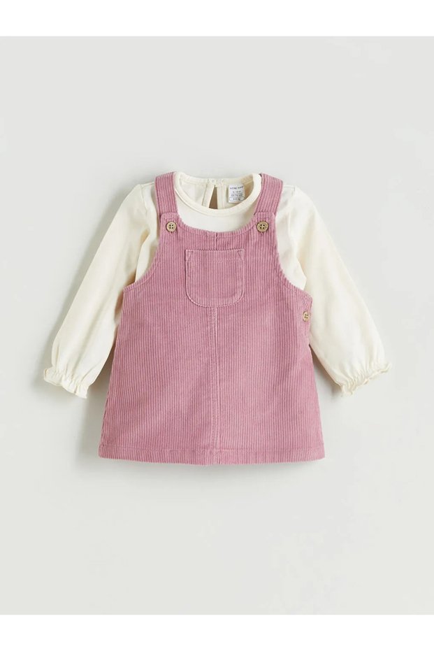 Lcw Baby Pink Velvet Baby Girl Salopet Dress and Blouse