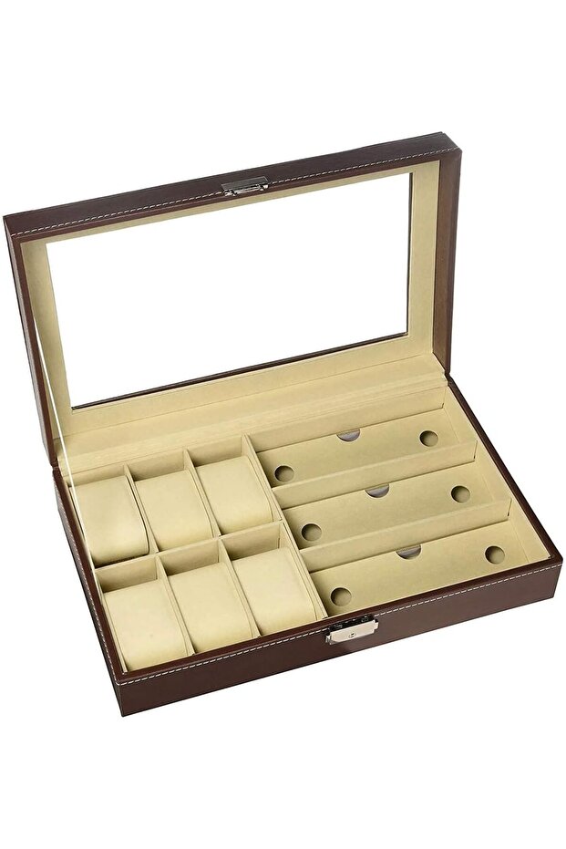 PU Leather Watch Box with Glass Lid, Removable Pillow, Velvet Lining (6+3 Sunglass)