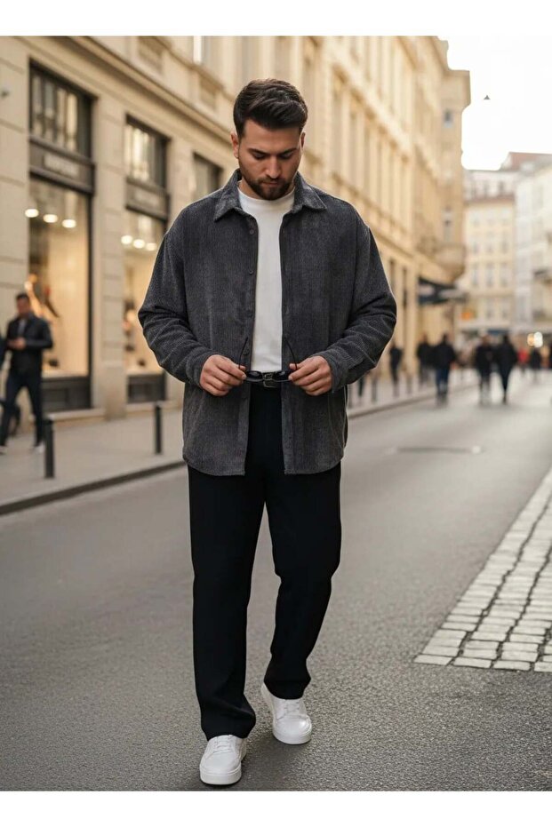 Batik Antrasit Oversize Kadife Gömlek - 1