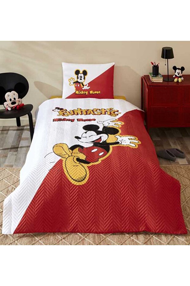 Disney Quilted Duvet Cover Set Ranforce Red Mickey Funtastıc