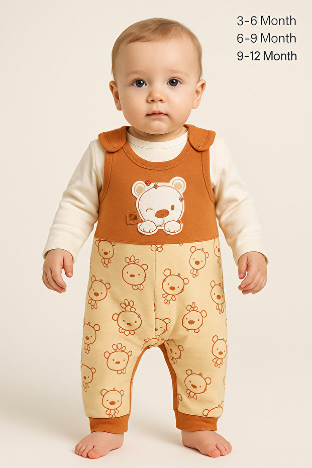 Baby 2-Piece Romper Set with Appliqué Bear Salopet 100% Cotton