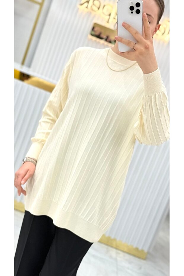 Soğuk Tuşe Oversize Fitilli Tunik - 2