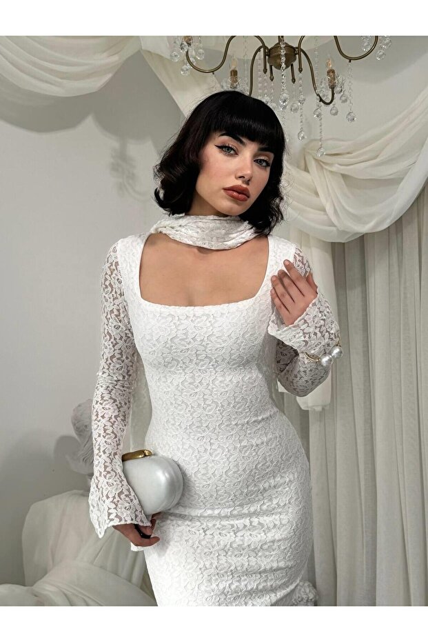 Lined Square Neck Maxi Long Premium Lace Dress with Scarf