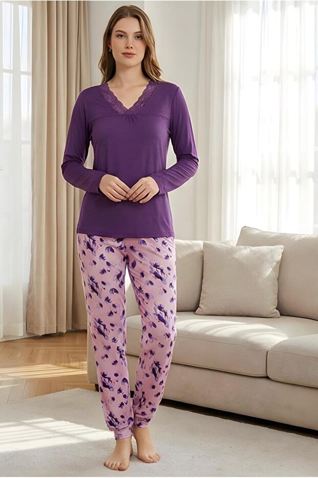 Long Sleeve Viscose Pajama Set Lace Detail Comfortable Casual Sleepwear Set