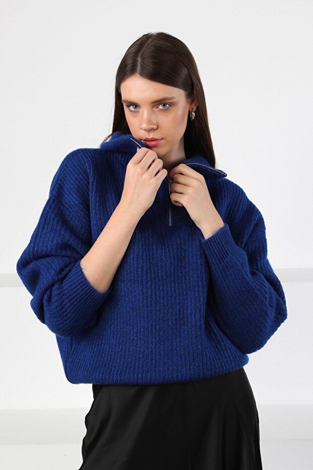 Cobalt Zippered Half Turtleneck Oversized Women's Knitwear Sweater