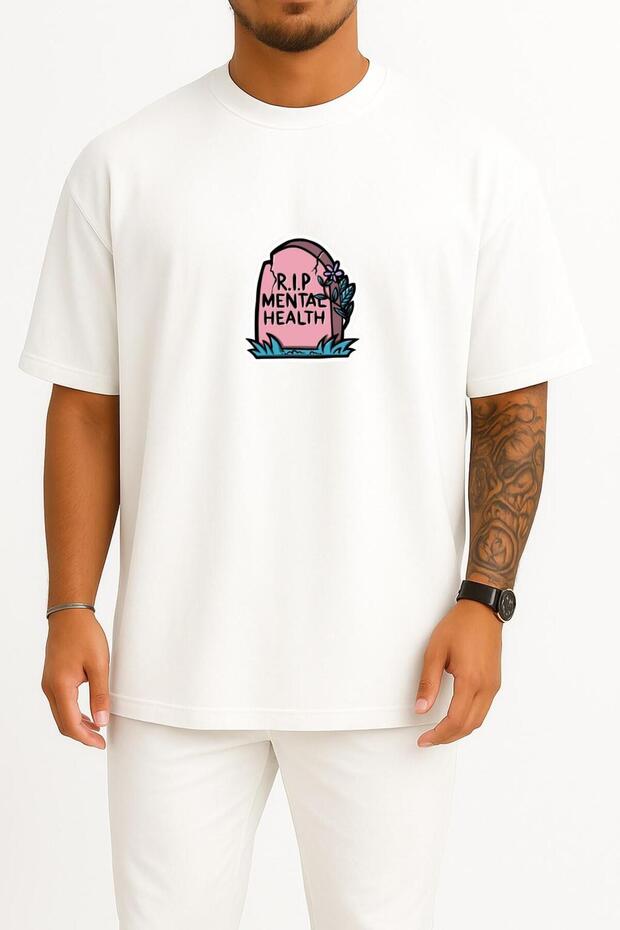 Oversized Mental Health Is My Happy Place Chest Printed Unisex T-Shirt