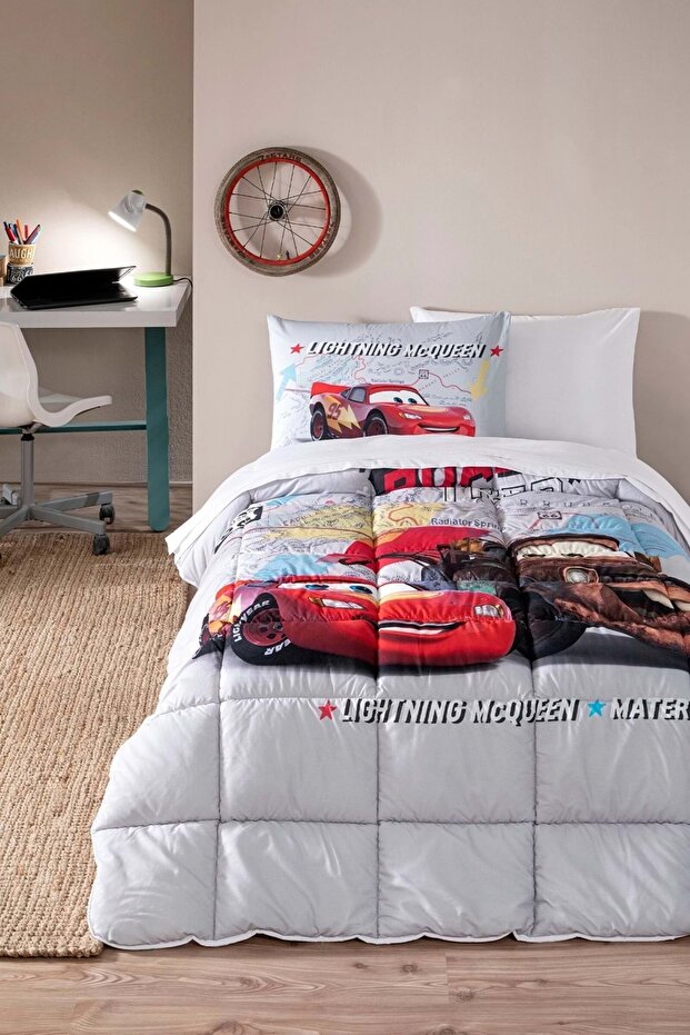 Licensed Single Children's Sleeping Set with Özdilek Elastic Sheet - Şimşek Mcq Cars on the Road Gray