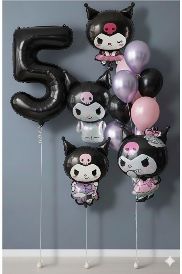 Kuromi Birthday Themed Balloon Set 5 Years Old Black Number Balloon + 4 Different Models Full + Set Balloon Bouquet