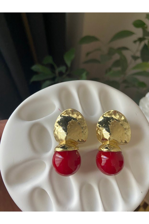 Women's Red Stone Gold Color Detail Steel Tarnish-Resistant Earrings