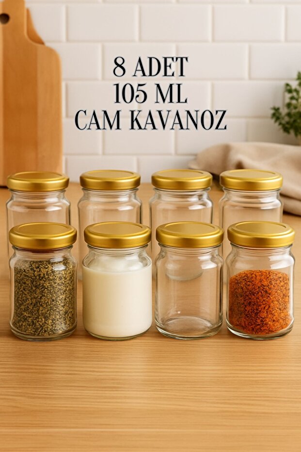 8 Pieces 105 ml Spice Jar Food Confectionery Multi-Purpose Gold Metal Lid 105 Cc Short Glass Jar