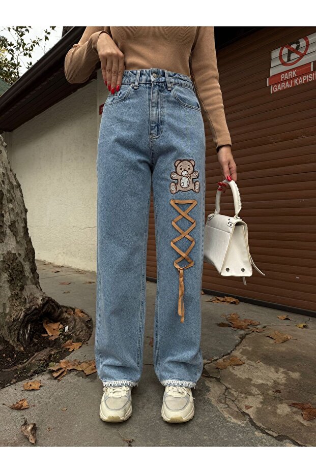 Bear Jeans Pants Lace Trim Straight / Regular Fit High Waist 100% Cotton