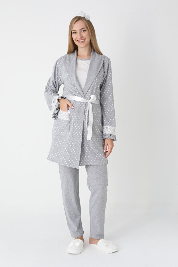 Luxury Maternity Pajama Set 3-Piece - Polka Dot Robe, Lace Detail, Suitable for Pregnant and Nursing Mothers