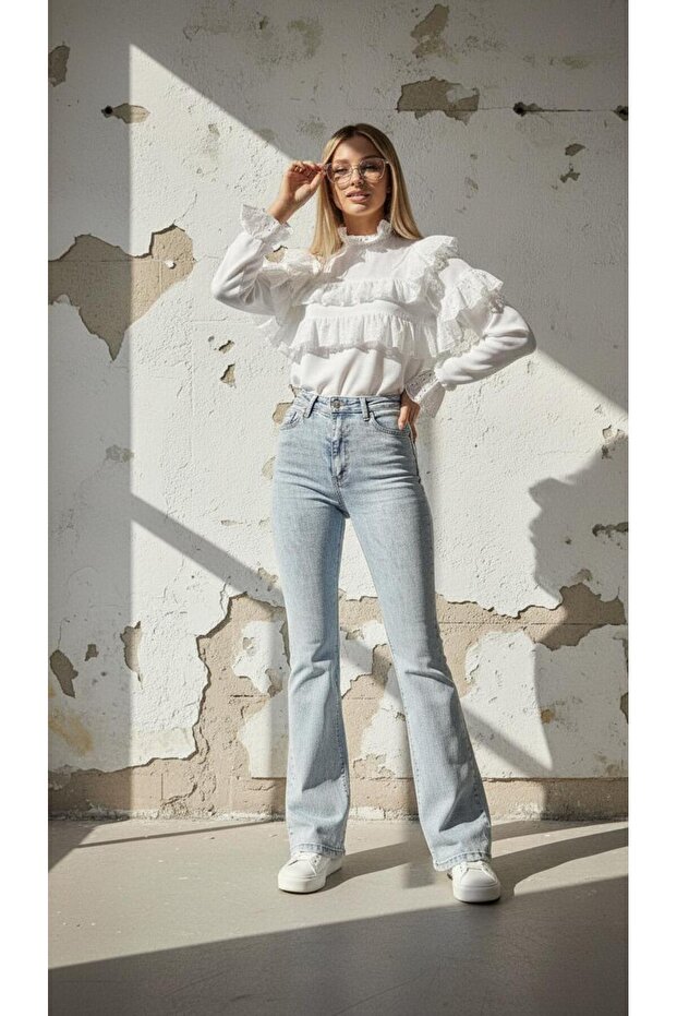 Women's Snow Blue Lycra Stretch High Waist Spanish Jeans Trousers