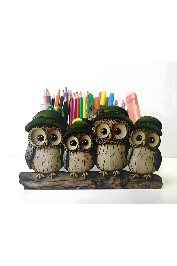 Wooden Cute Owl Family Desktop Pen Holder Pencil Case and Organizer (25X14.5 cm)